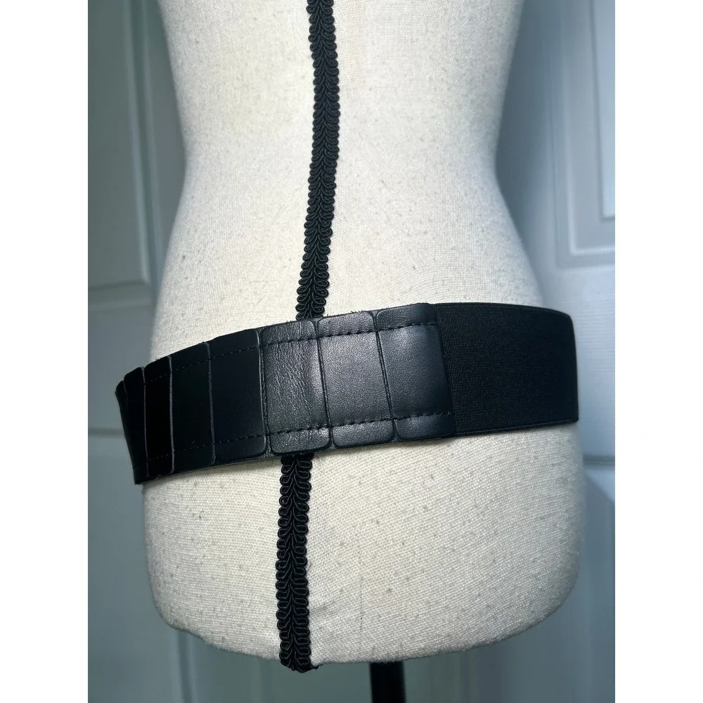 Punto Fibbia Black Italian Leather Belt Elastic Stretch Waist M Gold Buckle NWT